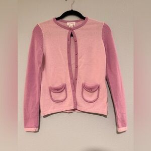 LOFT Purple Two‑Tone Crewneck Cardigan with Pocket Flaps